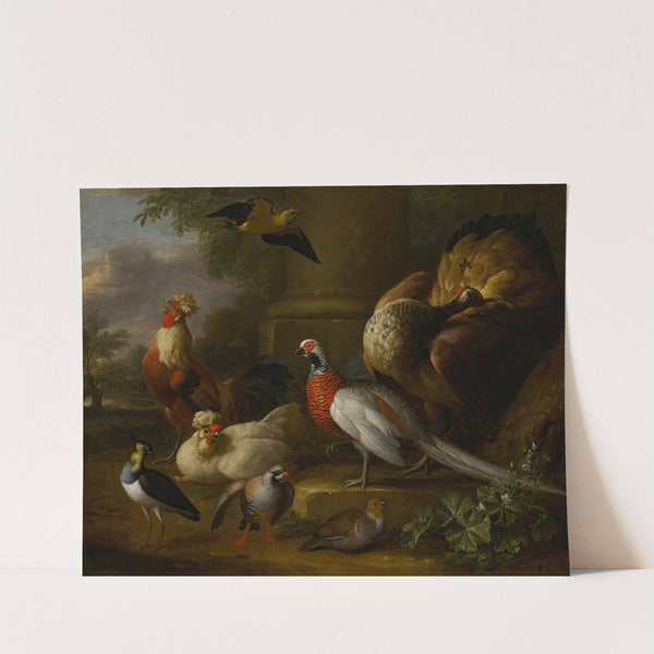 Peacock, pheasant, chickens, partridges and a lapwing in a landscape by Tobias Stranover