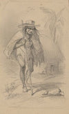 Peasant carrying staff, wearing large hat and short cape, thatch hut in background