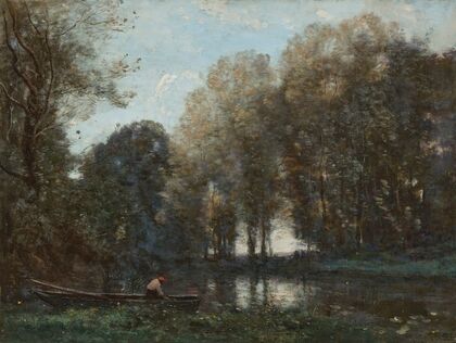 Pêcheur amarré sur la rive verte