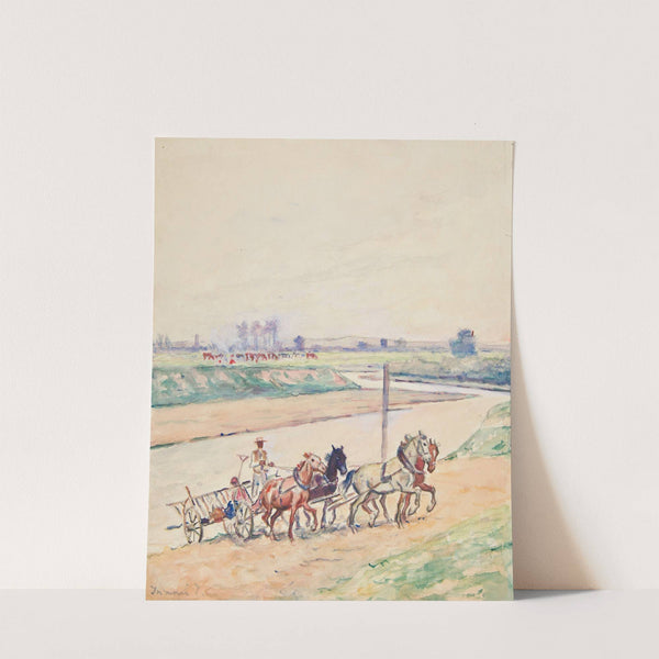 Pejzaż wiejski z rzeką, pasącym się stadem krów i wozem drabiniastym by Ivan Ivanec