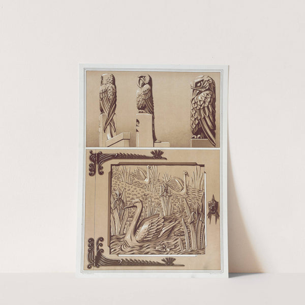 Perroquets, aigle, bois sculpté. Cygnes et iris, porte en bois sculpté. by Maurice Pillard Verneuil