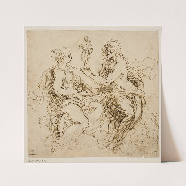 Personifikationer af malerkunsten og billedhuggerkunsten siddende på skyer by Jacopo Palma il Giovane