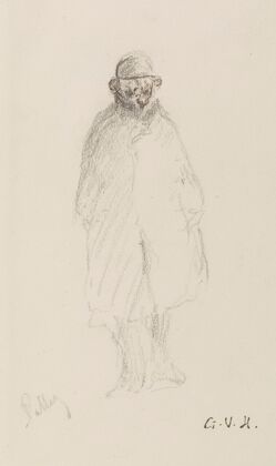 Personnage coiffé d’un chapeau, en pied de face