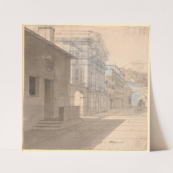 Perspektivisk studie til arkitekturen i billedet af jordemoderen der forlader Androspigens hus by Nicolai Abildgaard