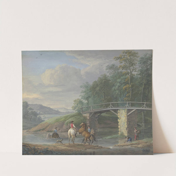 Pferde in der Schwemme bei einer Brücke, rechts zwei Wäscherinnen by Johann Georg Pforr
