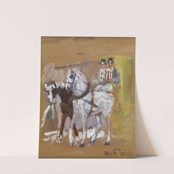 Pferdegespann vor einer Kutsche mit zwei Kutschenlenkern mit Zylinder (1909) by Hans von Faber du Faur