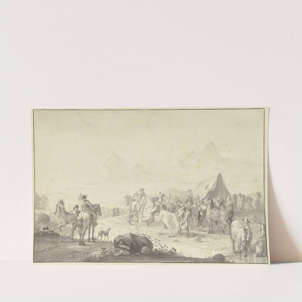 Pferdemarkt mit einem Marketenderzelt, im Vordergrund wird ein Pferd getränkt by Johann Georg Pforr