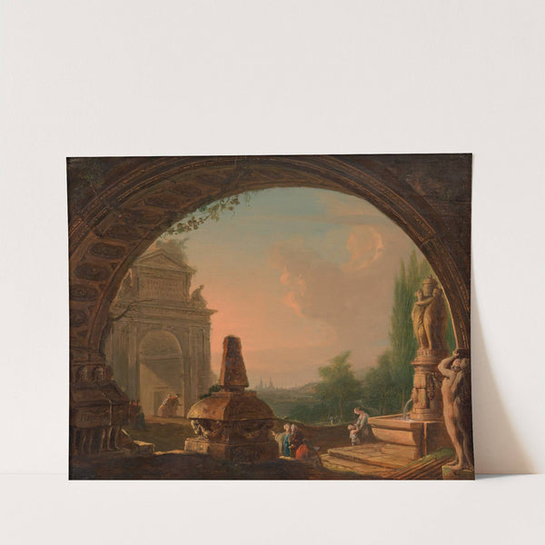 Phantastische Morgenlandschaft mit Staffage, durch einen Torbogen gesehen by Vinzenz Fischer