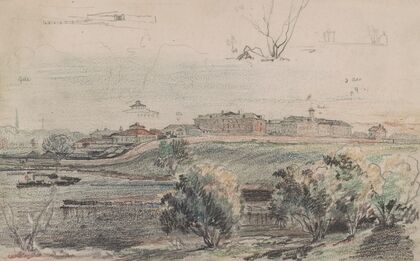Philadelphia or possibly Camden, probably from the banks of the Delaware, given the steam ferry boat at left (1843-1860)