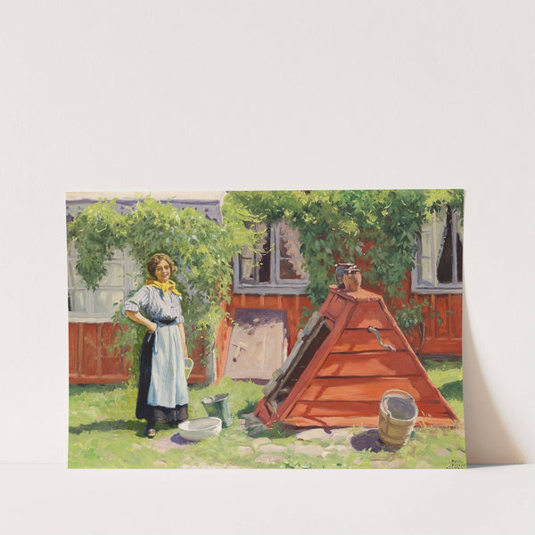 Pige ved en brønd ud for et rødmalet svensk træhus by Paul Fischer