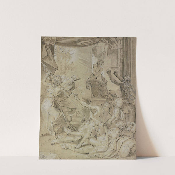 Pinhas durchbohrt Simri und Kosbin auf ihrem Liebeslager mit seinem Speer und beendet die Plage by Joos van Winghe