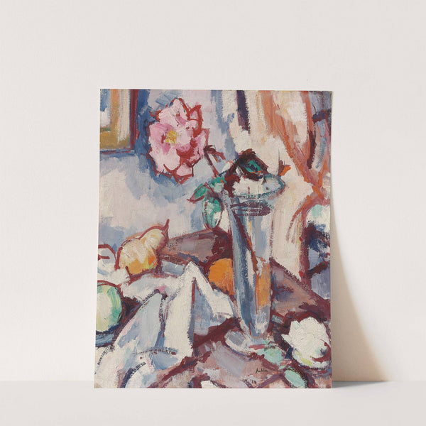 Pink rose in a glass vase with fruit by Samuel John Peploe