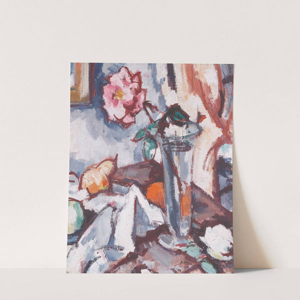 Pink Rose In Glass Vase With Fruit by Samuel John Peploe