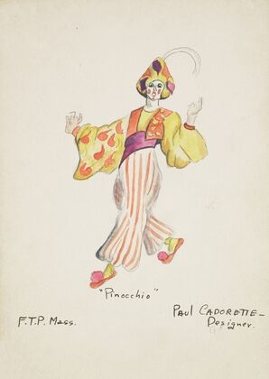 Pinocchio: Clown. Yellow shirt, orange vest, purple cummerbund (1934-1943)