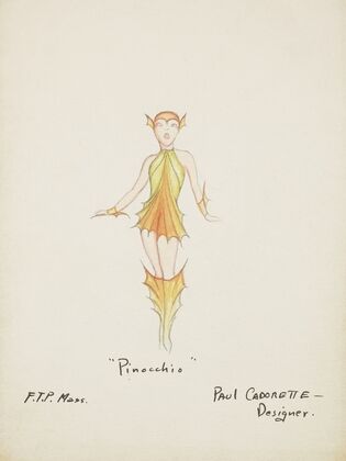 Pinocchio: Orange cap, orange and yellow fin dress (1934-1943)