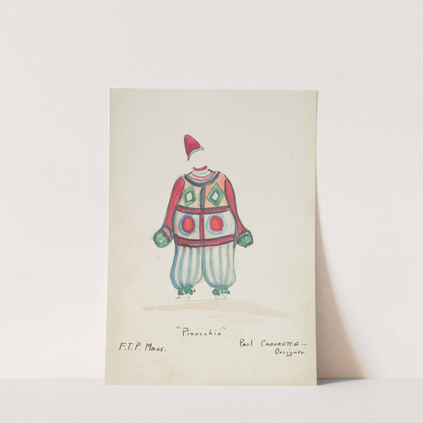 Pinocchio: Striped green and white puffy trousers. Red top with multicolored shapes. Red pointed cap (1934-1943) by Paul Cadorette