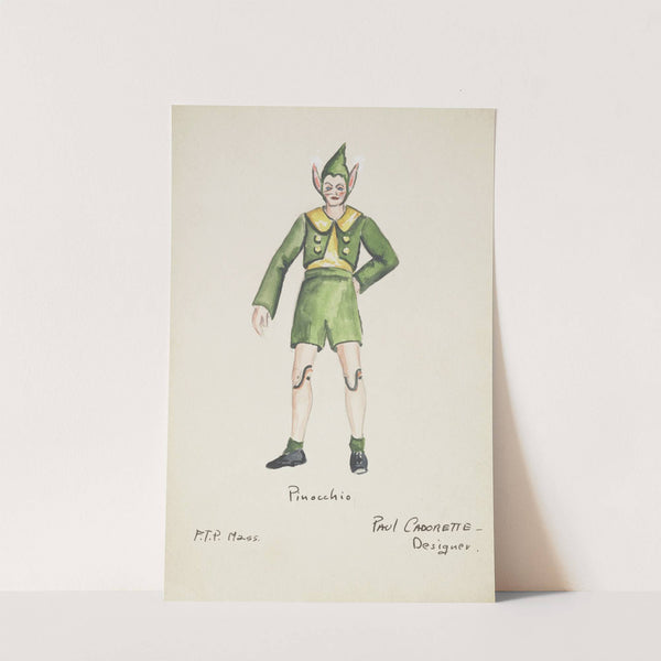 Pinocchio: Yellow shirt, green coat, green shorts, and green cap with velvet ears (1934-1943) by Paul Cadorette