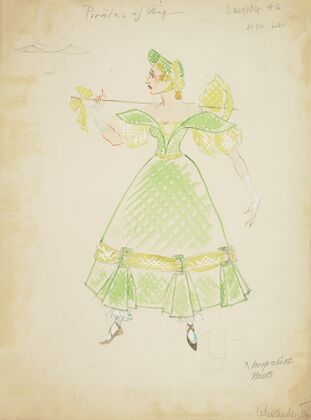 Pirates of Penzance: Daughter #6. Green dress with yellow sleeves, and hem (1934-1943) — size preview