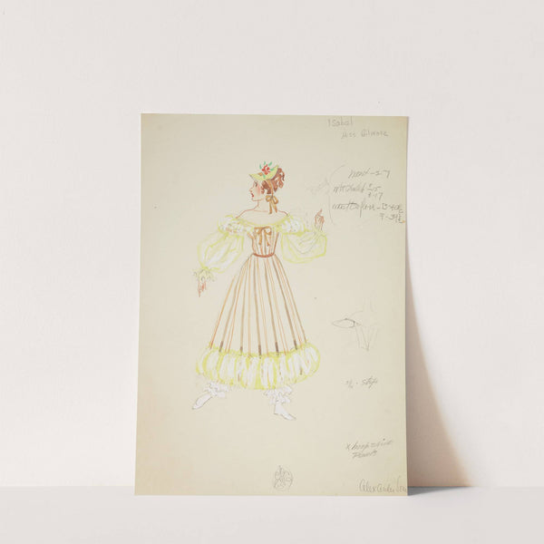 Pirates of Penzance: Isabel. Brown striped gown with yellow sleeves and hem (1934-1943) by Alex Jones