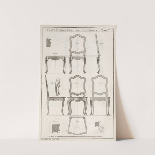 Plan coupes elévations d'une chaise a la reine. by André Jacob Roubo