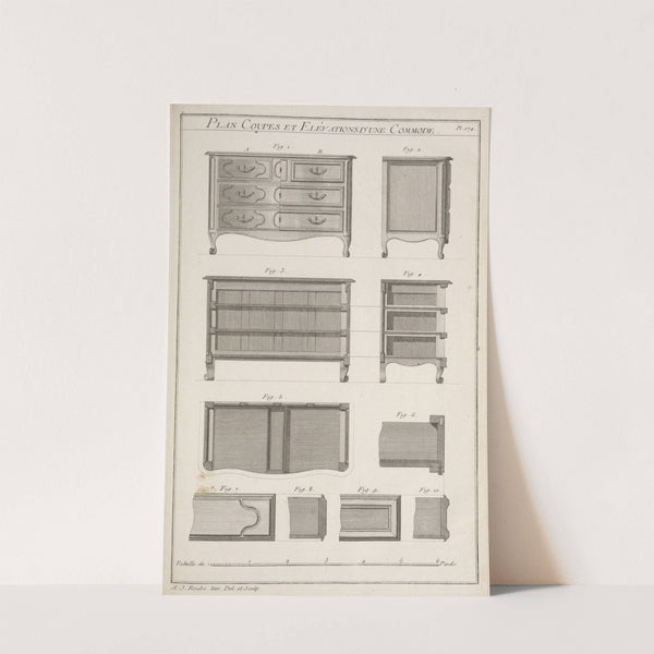 Plan coupes et elévations d'une commode. by André Jacob Roubo