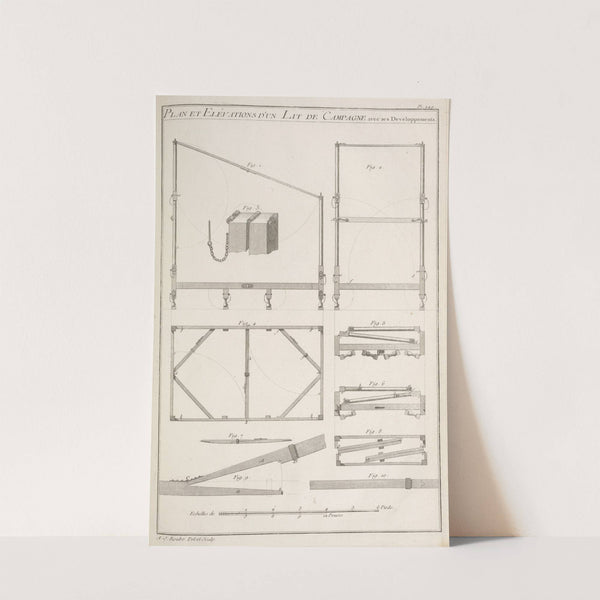 Plan et elévations d'un lit de campagne avec ses developpements. by André Jacob Roubo