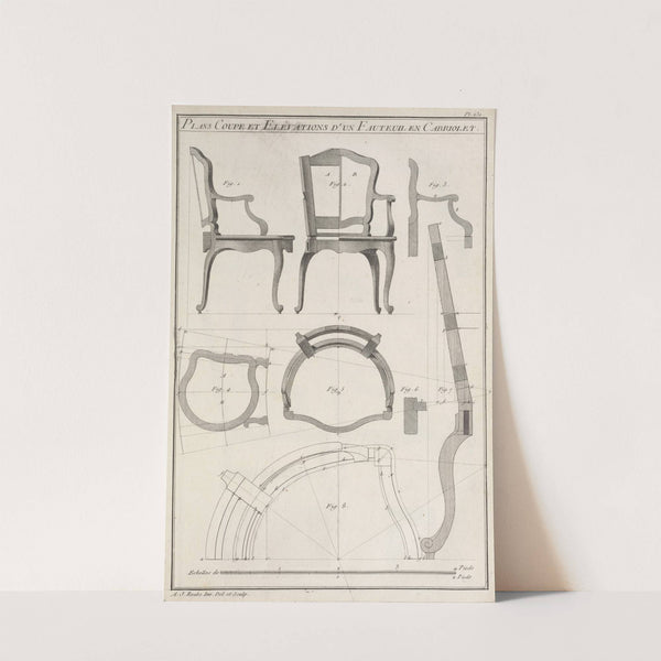 Plans coupe et elévations d'un fauteuil en cabriolet. by André Jacob Roubo