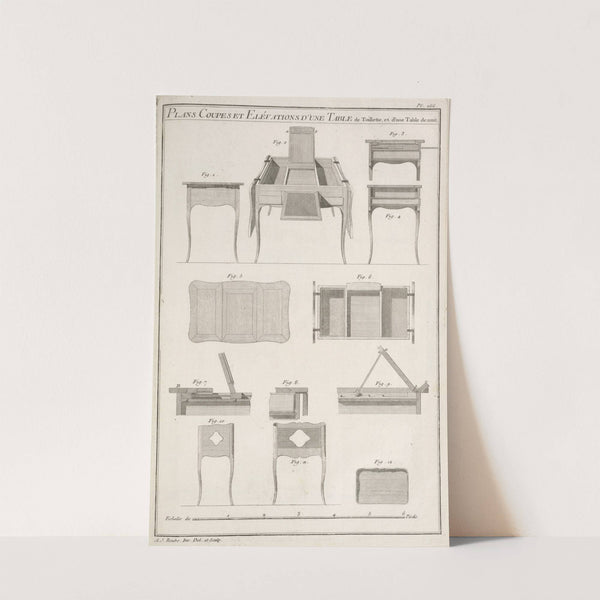 Plans coupes et elévations d'une table de toillette et d'une table de nuit. by André Jacob Roubo