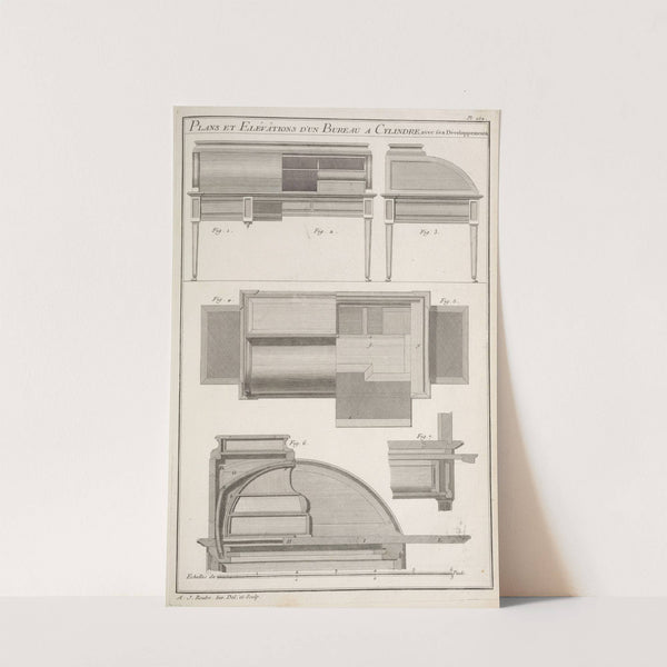 Plans et elévations d'un bureau a cylindre avec ses développements. by André Jacob Roubo