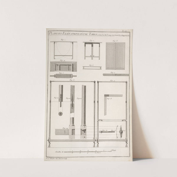 Plans et elévations d'une table, et d'un lit de camp avec leurs developpements. by André Jacob Roubo