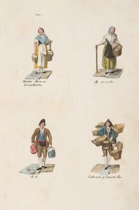 Plate 1; four street vendors from Madrid selling blueberries, onions, tea, and baskets (1809–1817)