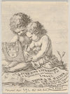 Plate 1; two children sitting on the ground, the child on the right drawing while the child on the left holding the album (1649)