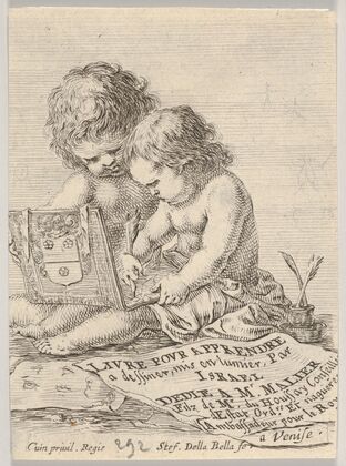 Plate 1; two children sitting on the ground, the child on the right drawing while the child on the left holding the album (1649)