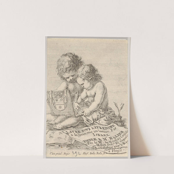 Plate 1; two children sitting on the ground, the child on the right drawing while the child on the left holding the album (1649) by Stefano Della Bella