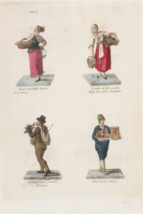 Plate 13; four street vendors from Madrid selling muscat grapes, plums, pans and pop-up saints (1809–1817)