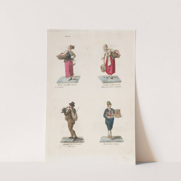 Plate 13; four street vendors from Madrid selling muscat grapes, plums, pans and pop-up saints (1809–1817) by Miguel Gamborino