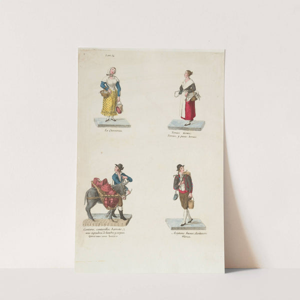 Plate 14 four street vendors from Madrid selling pots and pans, olives etc (1809–1817) by Miguel Gamborino