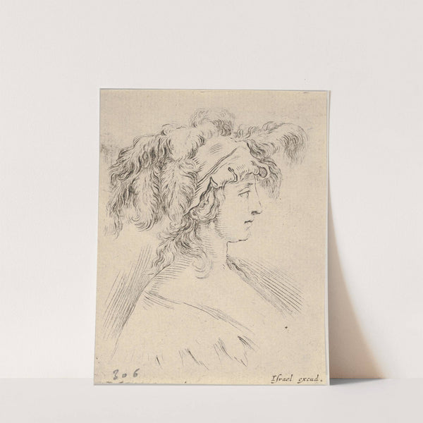 Plate 15; mid-bust of a young woman in profile wearing a hat topped with feathers (1649) by Stefano Della Bella