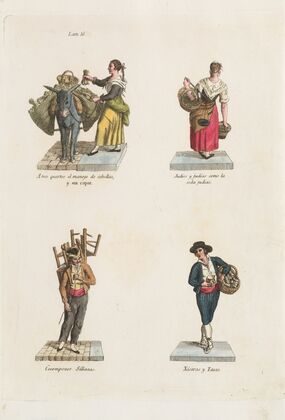 Plate 16; four street vendors from Madrid selling onions, beans, chairs, and crockery (1809–1817)