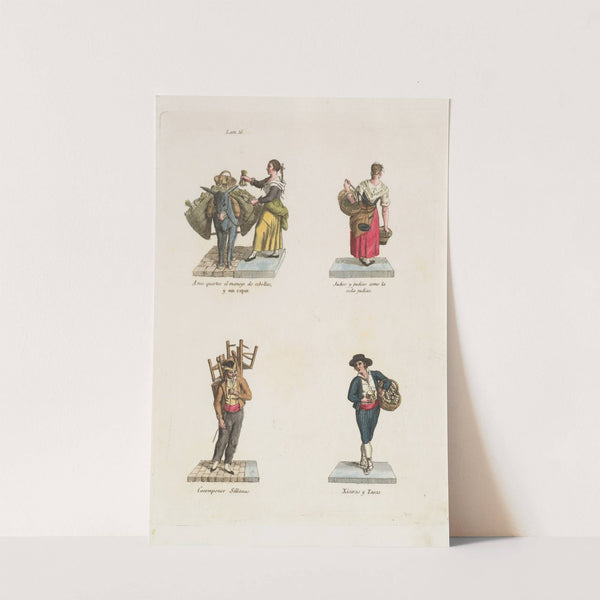 Plate 16; four street vendors from Madrid selling onions, beans, chairs, and crockery (1809–1817) by Miguel Gamborino