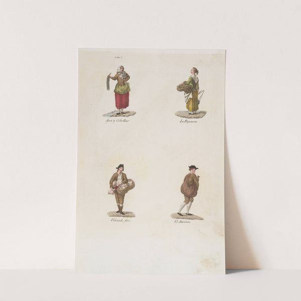 Plate 2; four street vendors from Madrid selling garlic and onions, cucumbers, fine crockery, oil (1809–1817) by Miguel Gamborino