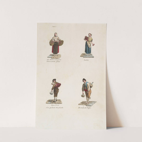 Plate 3; four street vendors from Madrid selling large tomatoes, milk, water, milk shakes (1809–1817) by Miguel Gamborino