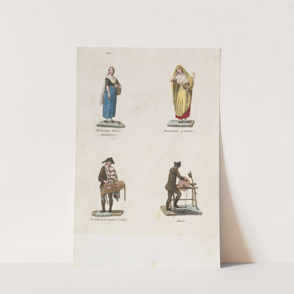 Plate 5; four street vendors from Madrid selling sweet albellanitas dulces, alacalienties, tender cuts and a knife grinder (1809–1817) by Miguel Gamborino