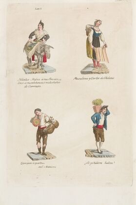 Plate 6; four street vendors from Madrid selling navitos, muslin, fans, plants (1809–1817)