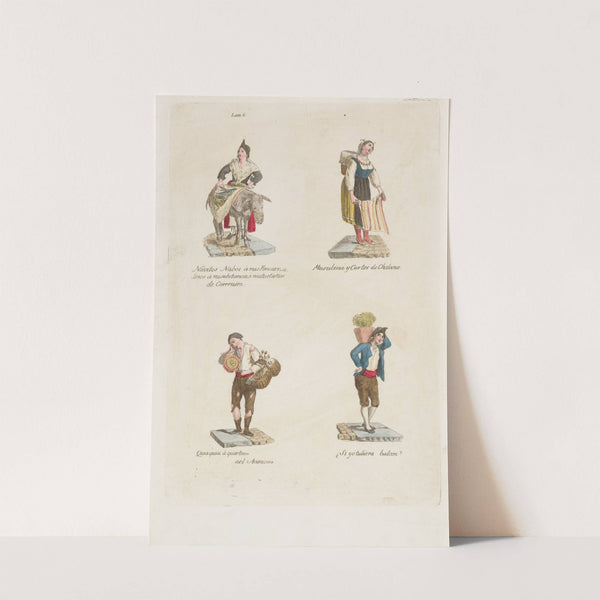 Plate 6; four street vendors from Madrid selling navitos, muslin, fans, plants (1809–1817) by Miguel Gamborino