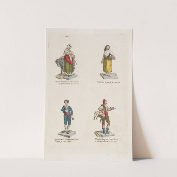 Plate 7; four street vendors from Madrid selling eggs, straweberries, containers, cinamon flavored sweets (1809–1817) by Miguel Gamborino