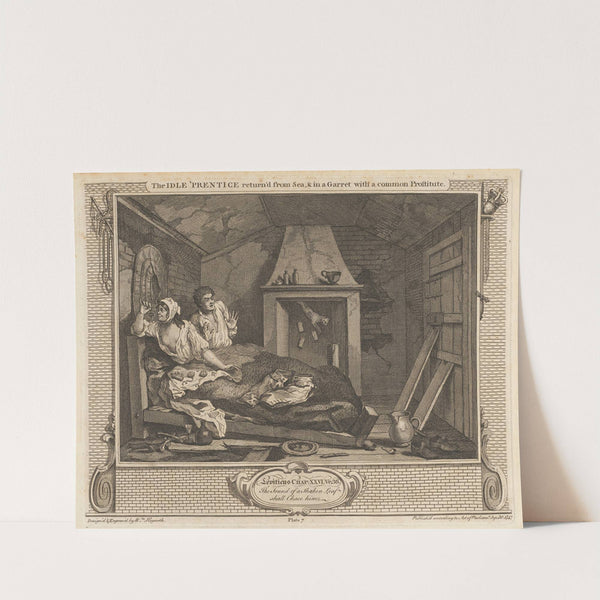 Plate 7, The Idle 'Prentice Returned from Sea and in a Garret with a Common Prostitute by William Hogarth