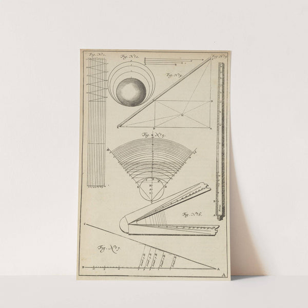 Plate A: Diagrams and instruments to calculate the caliber of bullets and balls (1650) by Jacob van Meurs