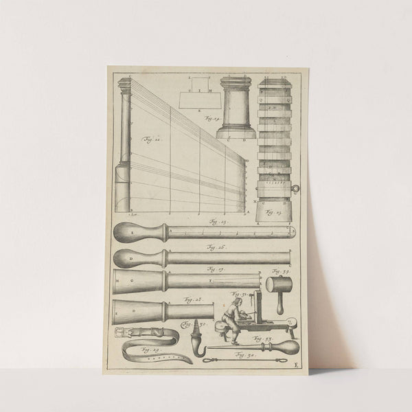 Plate E: Rocket and cracker molds: instruments for charging rocket cases: tools and techniques for choking rocket cases (1650) by Jacob van Meurs