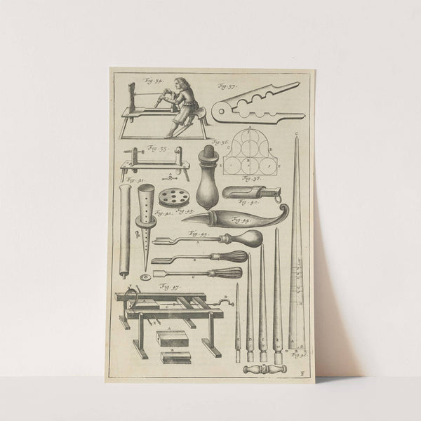 Plate F: Tools and techniques for choking and preparing rockets for their chargers (1650) by Jacob van Meurs